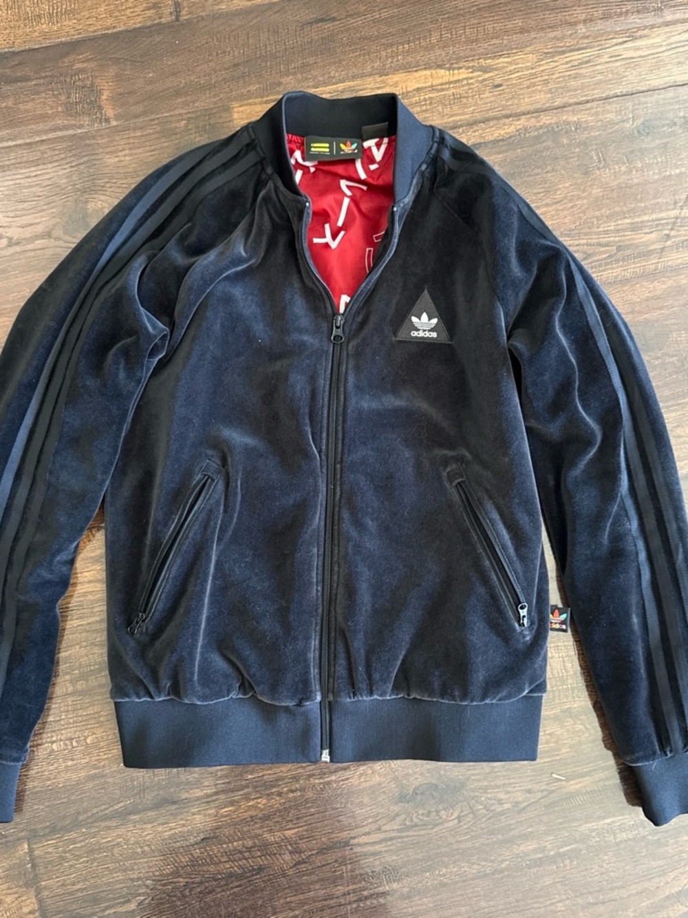 Adidas x Pharrell Williams Black Velour Track Jacket with Red Lining